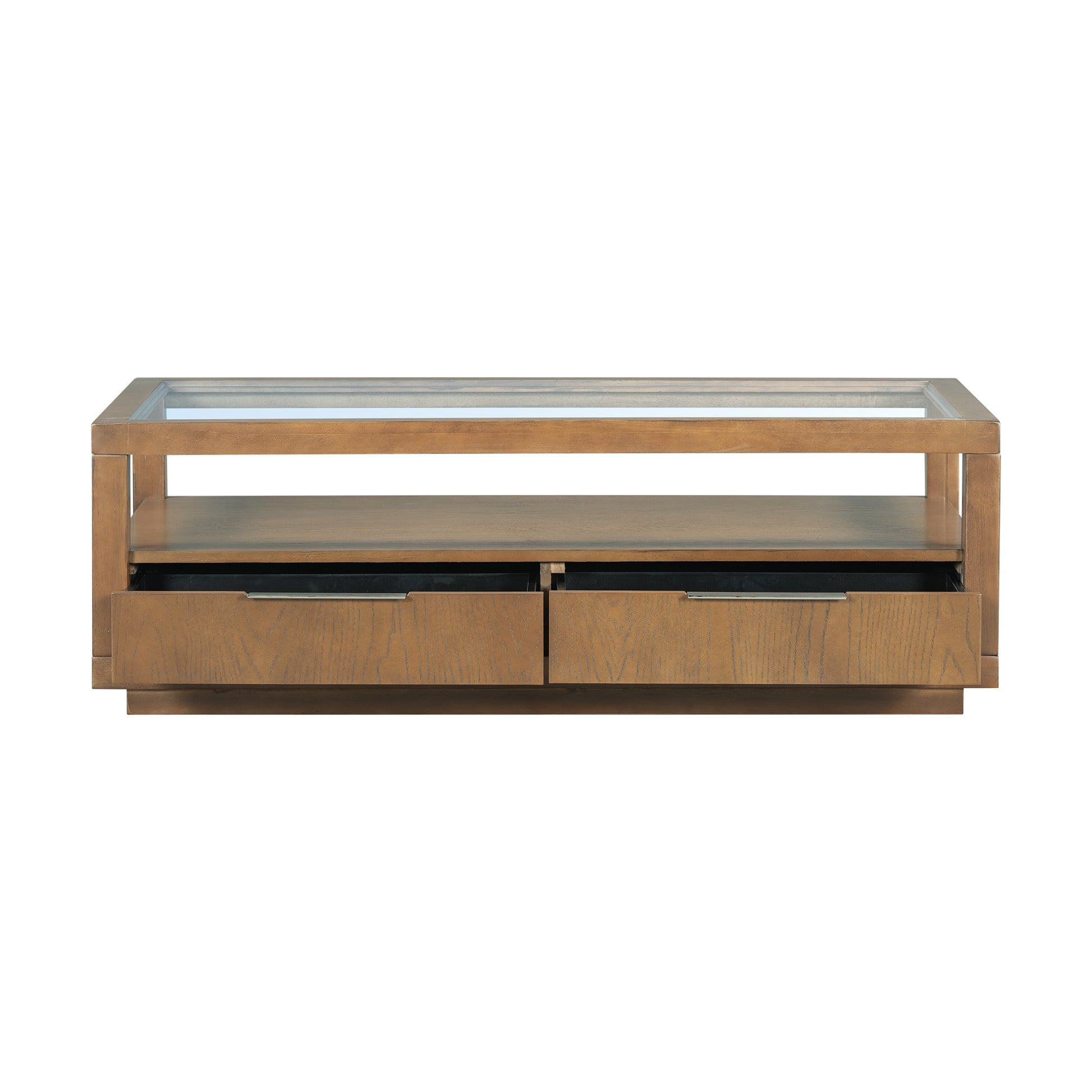 Modern Wood Coffee Table With 2 Drawers ,Minimalist Display Coffee Table With Transparent Tempered Glass, Open Storage Shelf For Living Room Brown Solid Wood Mdf