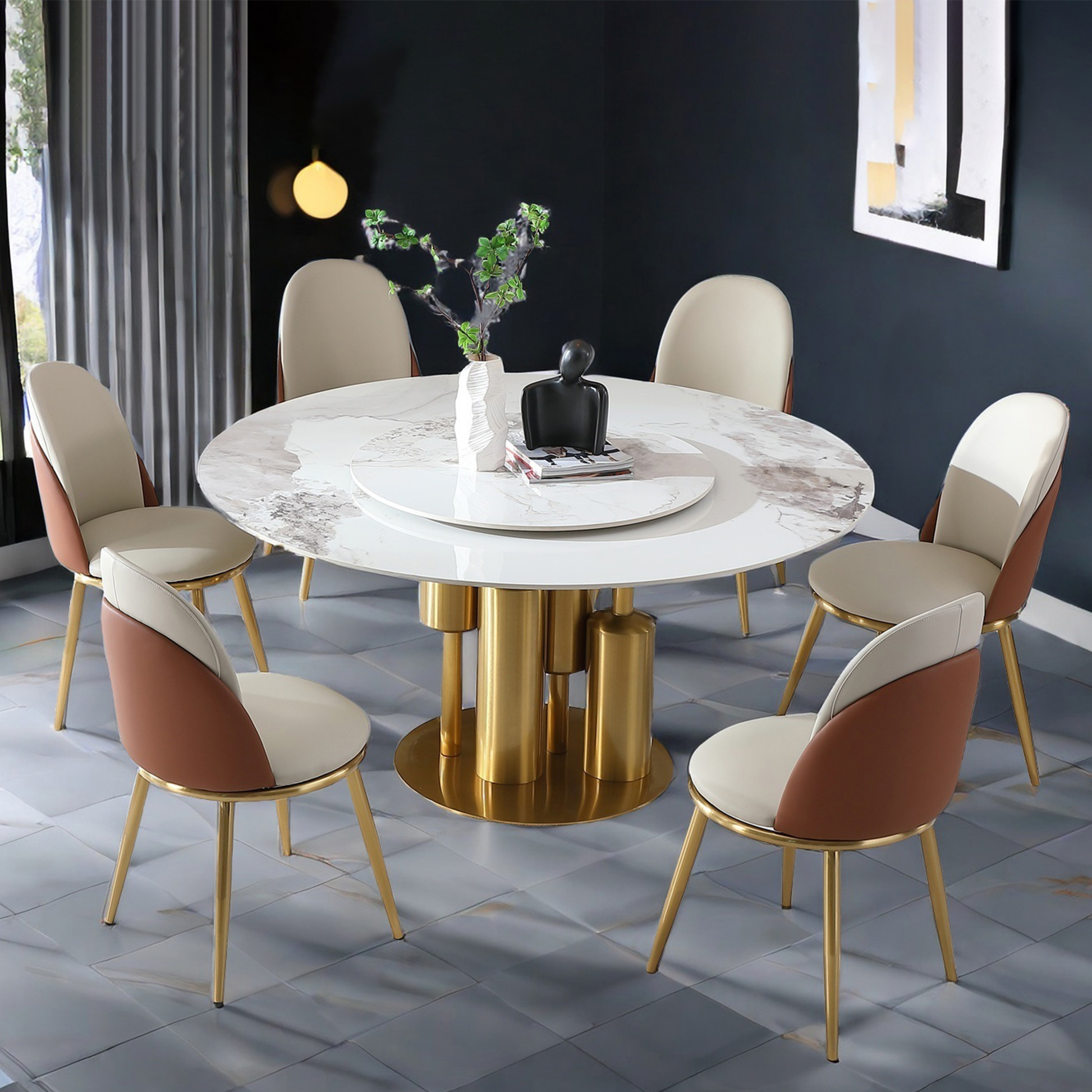 Modern Marble Dining Table, 59" Round Sintered Stone Table For Dining Room, Kitchen, Dinette, Compact Space With Lazy Susan 6 Chairs Gold,White Dining Room American Design,Luxury,Modern Tabeltop