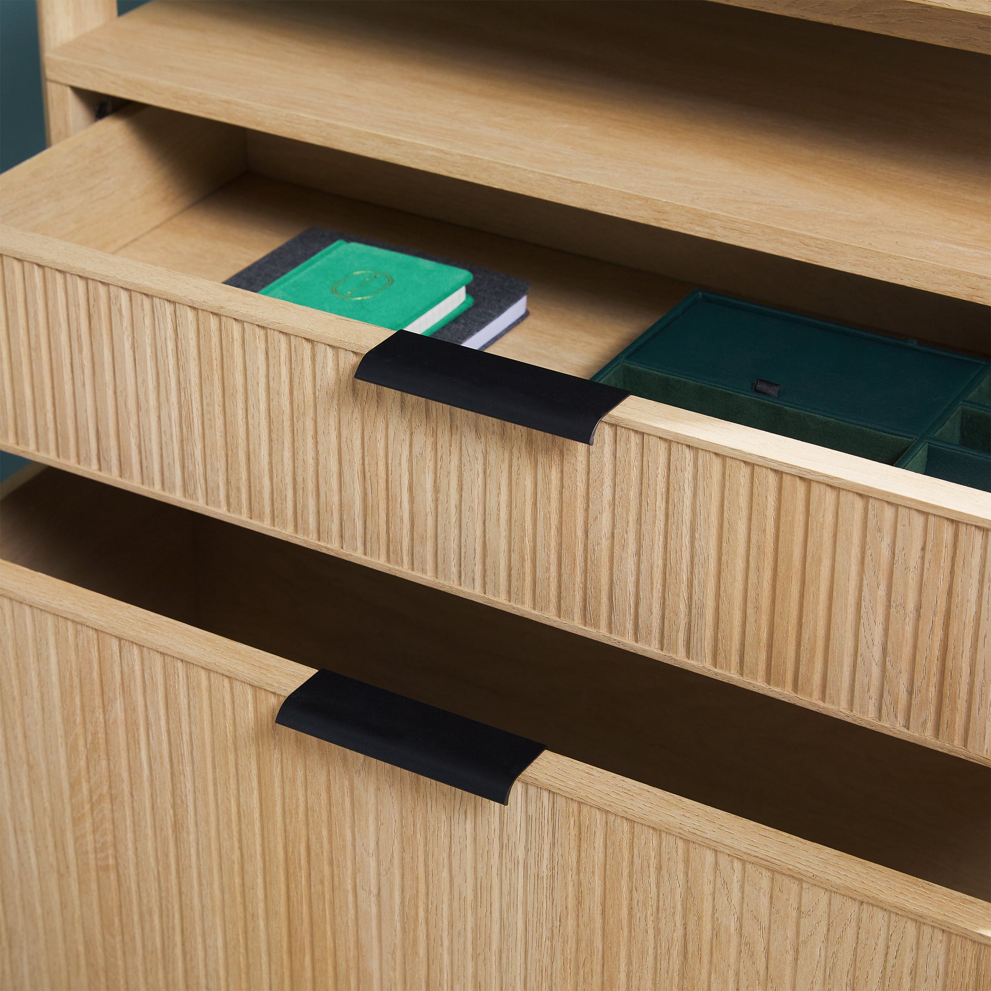 Transitional Wide Reeded Bookshelf With Drawers On Bottom Oak Oak Mdf Mdf