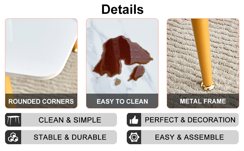 Table And Chair Set.A Morden Table With White Imitation Marble Patterned Stone Burning Tabletop With Golden Metal Legs.Paried With 4 Chairs With Pu Leather Backrest And Black Metal Legs. Black,White Gold Seats 4 Metal,Sintered Stone