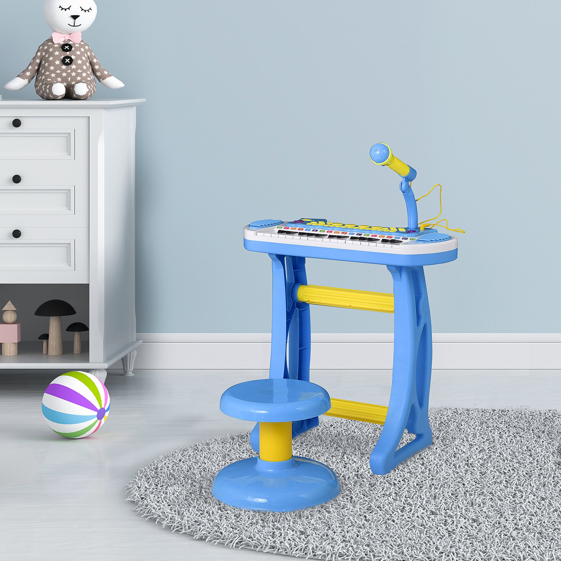 Qaba 31 Key Kids Toy Keyboard Piano, Electronic Musical Instrument With Multiple Sounds, Stool, Microphone And Bright Flashing Lights, Blue Blue Abs