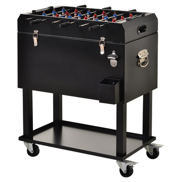 Outsunny 68Qt Patio Cooler Ice Chest With Foosball Table Top, Portable Poolside Party Bar Cold Drink Rolling Cart On Wheels With Tray Shelf Black Steel