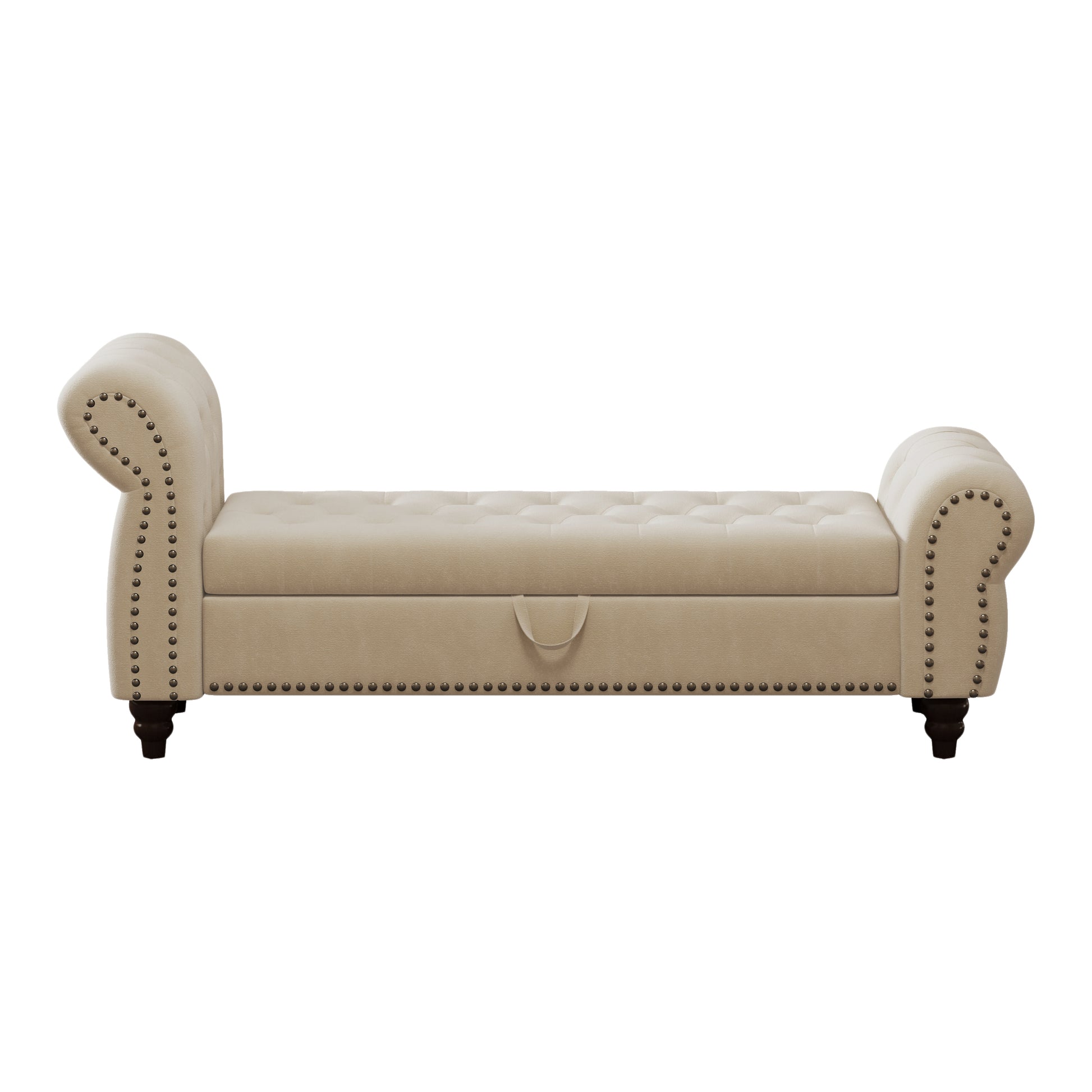 64.5" Bed Bench For Bed Room Nails Tufted Chaise Of Lounge With Storage Velvet Upholstery Beige Beige Foam Velvet