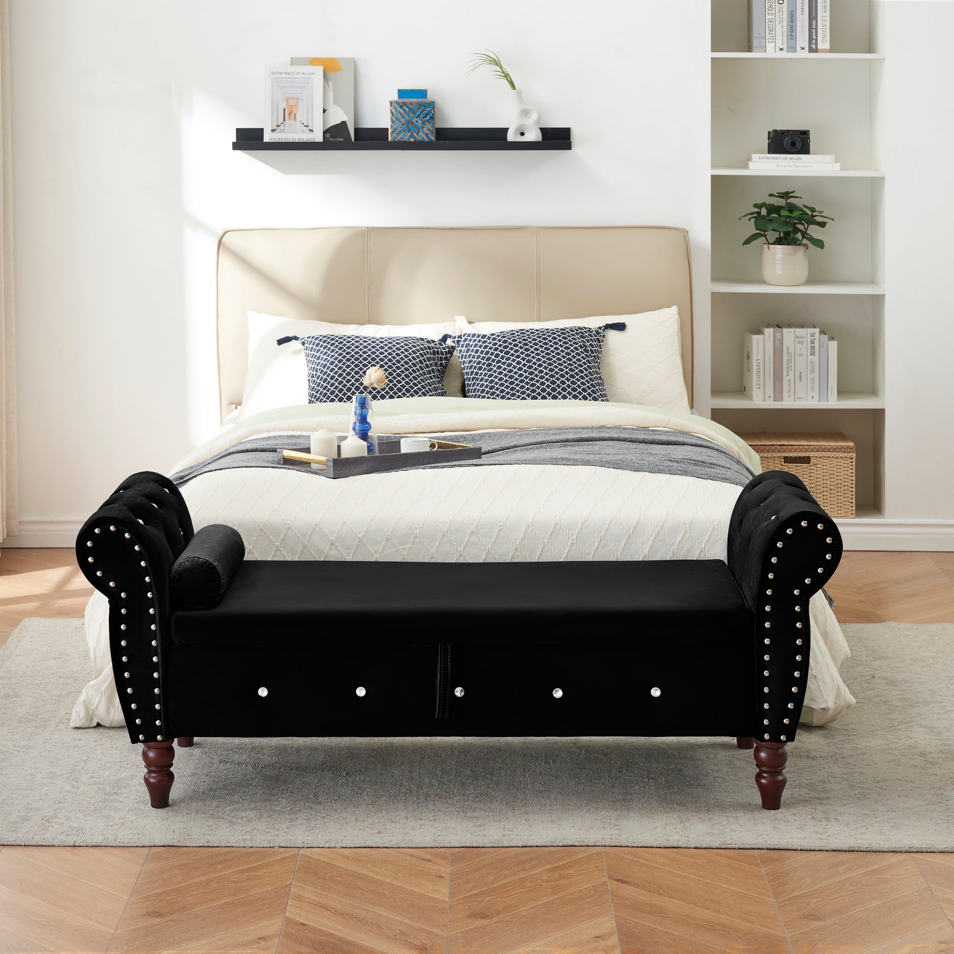 63.38"Velvet Multifunctional Storage Rectangular Ottoman Bench Comes With Crystal Buckle Solid Wood Legs With 1 Pillow,Black Black Velvet