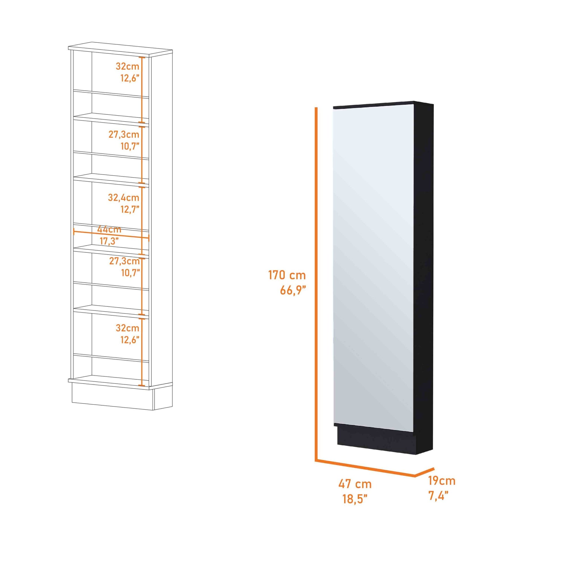 Ruan Xl Shoe Rack, Mirror, Five Interior Shelves, Single Door Cabinet Black Mdf Engineered Wood