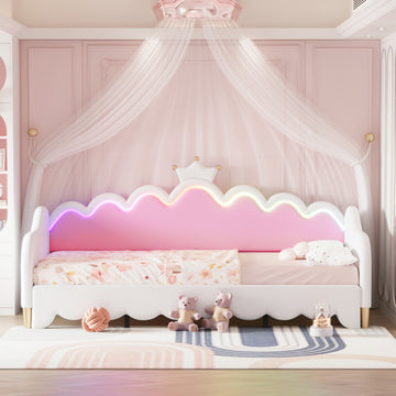 Twin Extending Daybed With Led Lights, Modern Upholstered Princess Daybed With Crown Headboard,White Twin White Wood
