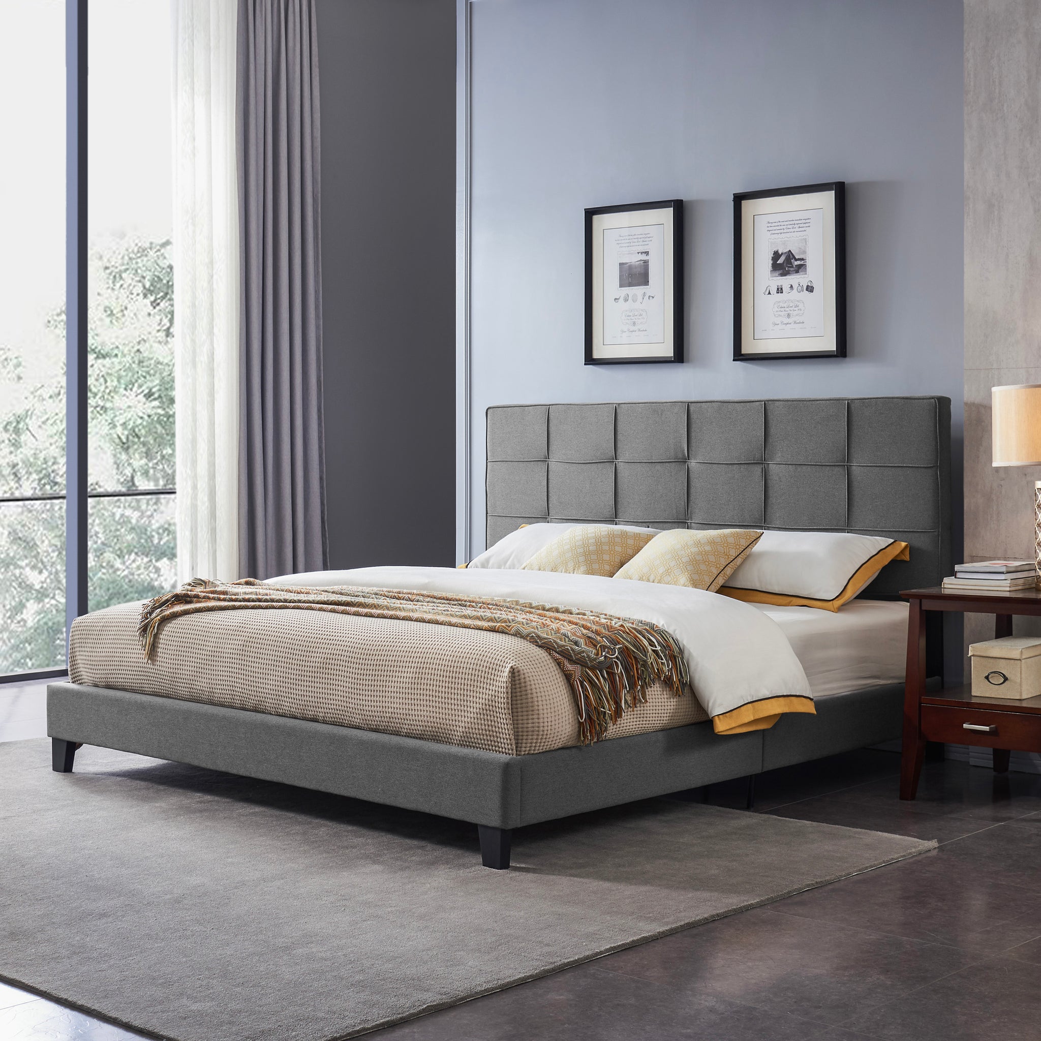 King Size Upholstered Platform Bed Frame With Contemporary Tufted Waffle Stitching, Easy Assembly, Charcoal Grey King Charcoal Grey Fabric