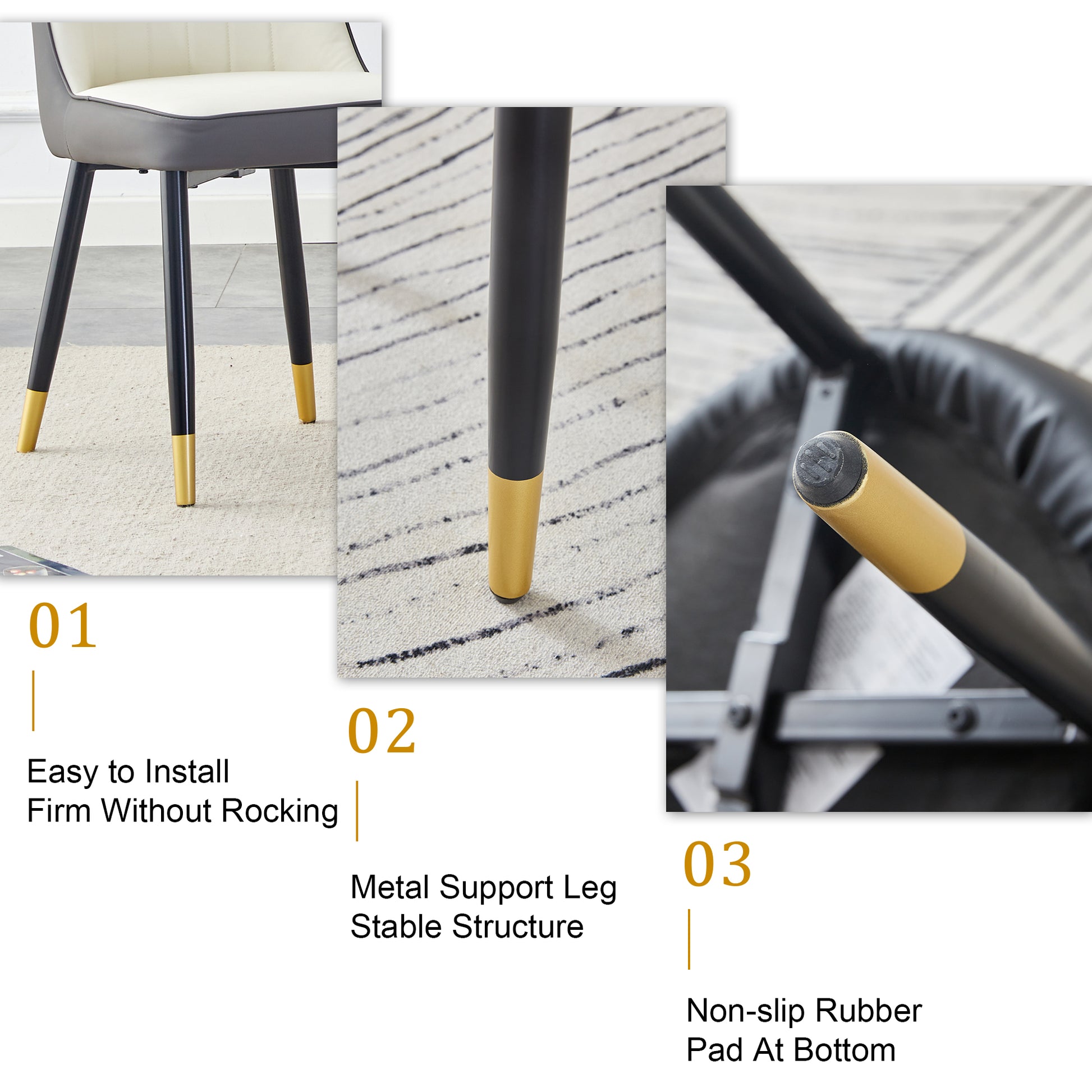 Table And Chair Set.Modern Rectangular Dining Table With Black Textured Stickers Glass Tabletop And Gold Plated Metal Legs.Paried With 4 Comfortable Chairs With Pu Seats And Black Metal Legs. Black Gold,White,White Gray Seats 4 Glass Metal