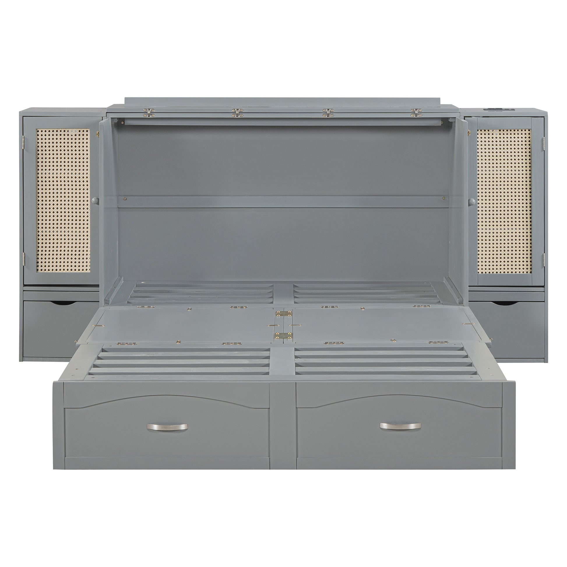 Full Size Murphy Bed Wall Bed With Drawer And Rattan Decoration With 2 Storage Cabinets, One Set Of Sockets & Usb Ports, Pulley Structure Design, Gray Full Gray Plywood
