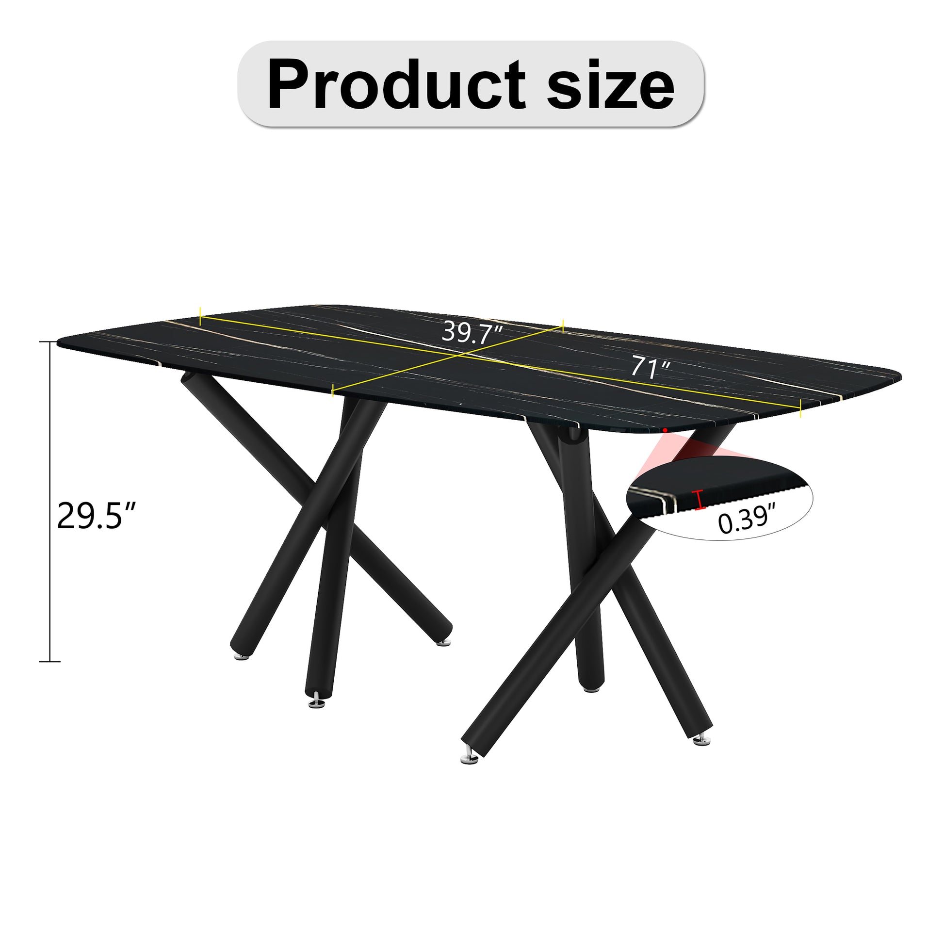 Large Modern Minimalist Rectangular Dining Table With 0.39 "Imitation Marble Black Tabletop And Black Metal Legs, Suitable For Kitchen, Dining Room, Living Room, Conference Room, And Banquet Hall