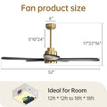 52 Inch Modern With Dimmable Led Light 5 Solid Wood Blades Smart Remote Control Reversible Dc Motor Gold Metal & Wood