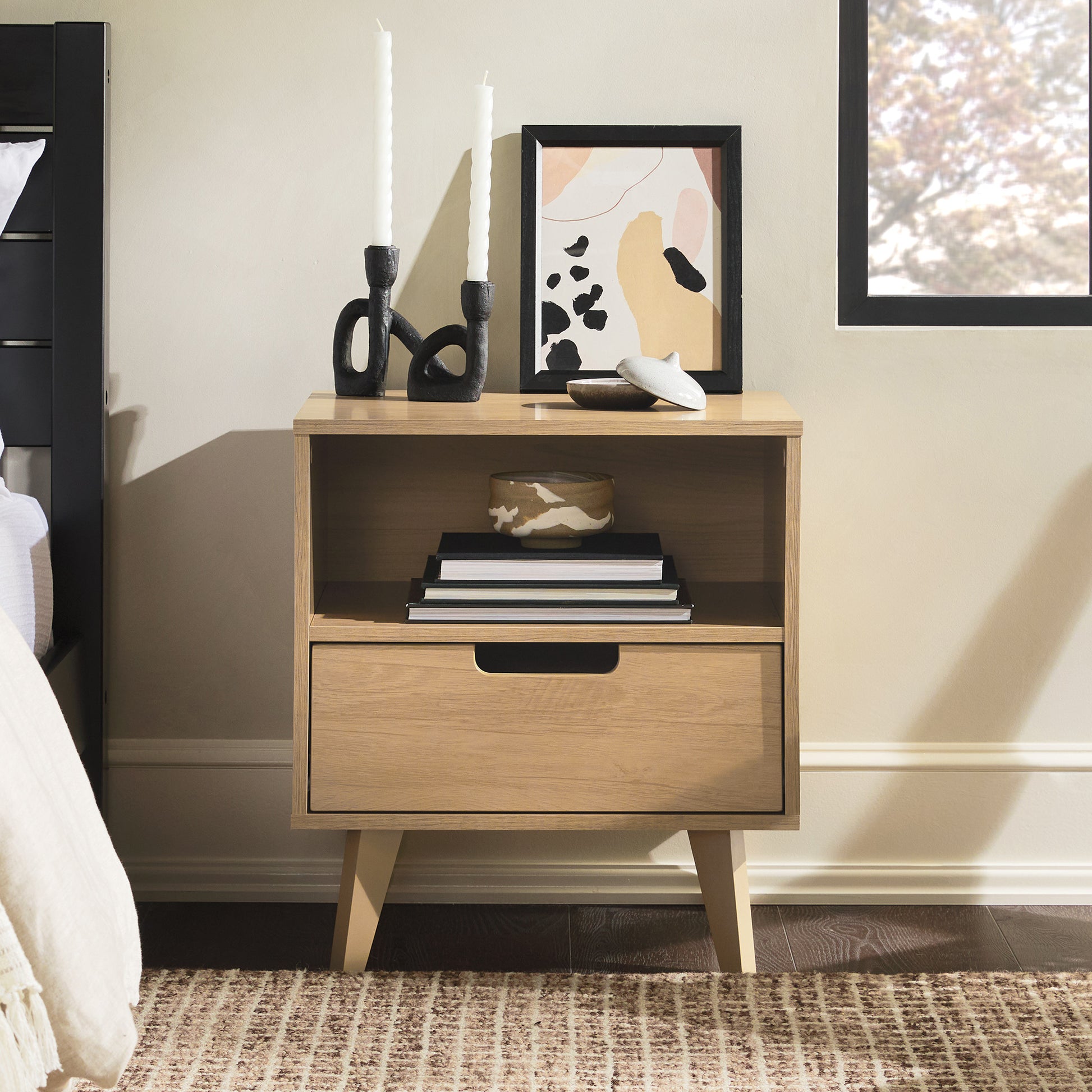 Modern 1 Drawer Nightstand With Open Cubby Riviera Brown Mdf Mdf