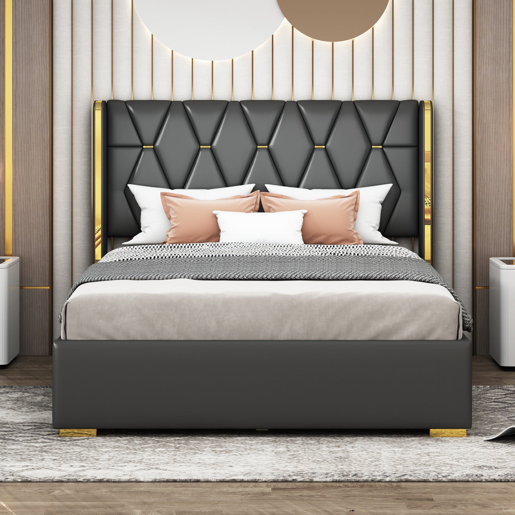 Full Size Upholstered Platform Bed With Metal Strips, Black Full Black Pu