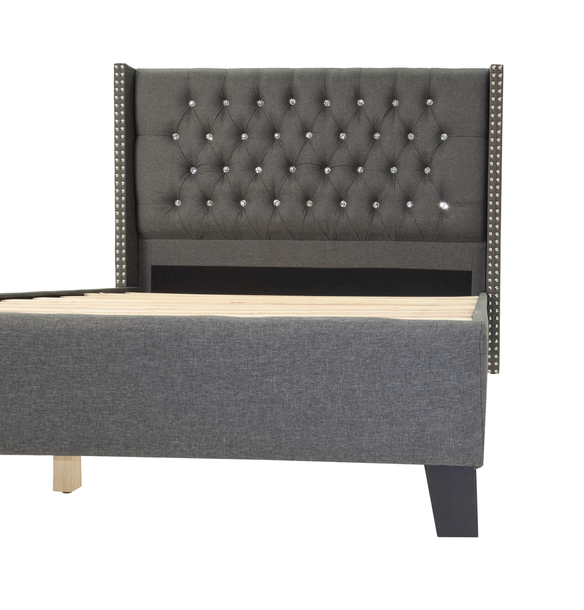 Queen Bed In Blue Gray Box Spring Not Required Queen Gray Fabric