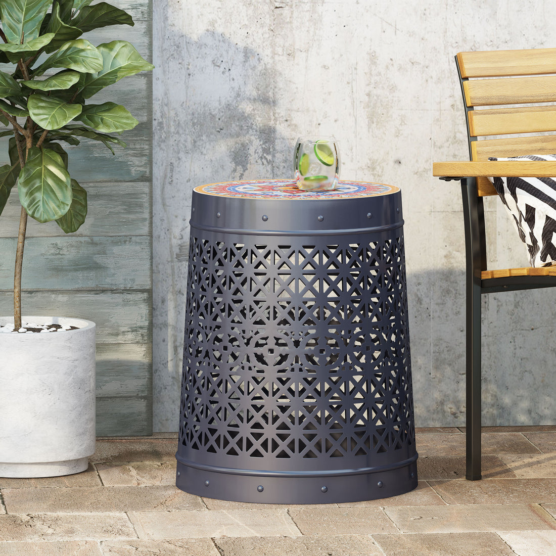 Cranbrook Side Table - Dark Blue Ceramic Tile