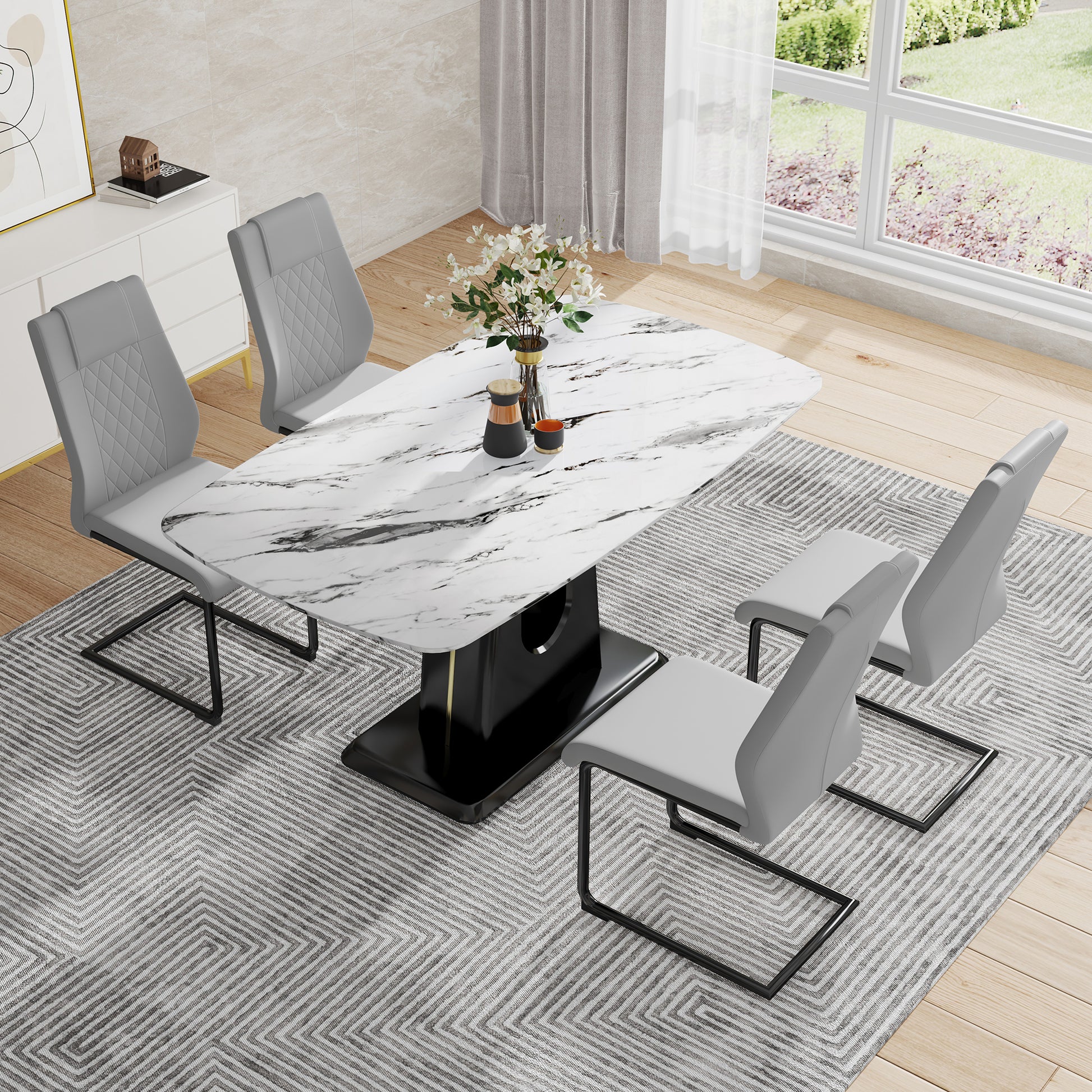 Table And Chair Set, Modern And Minimalist Dining Table, Imitation Marble Patterned Tabletop, Mdf Legs With U Shaped Brackets. Paired With Comfortable Chairs, Suitable For Dining And Living Rooms. Black Mdf Glass