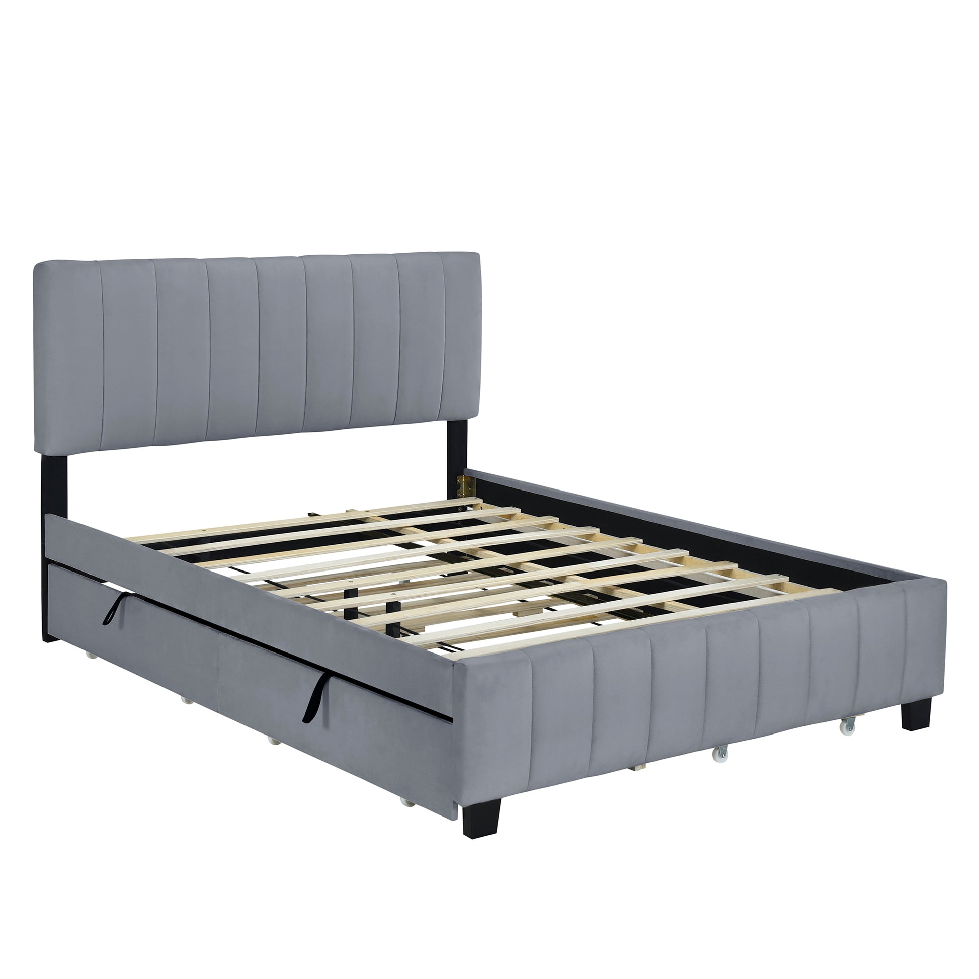 Queen Size Velvet Upholstered Platform Bed With 2 Drawers And 1 Twin Xl Trundle Gray Queen Gray Upholstered