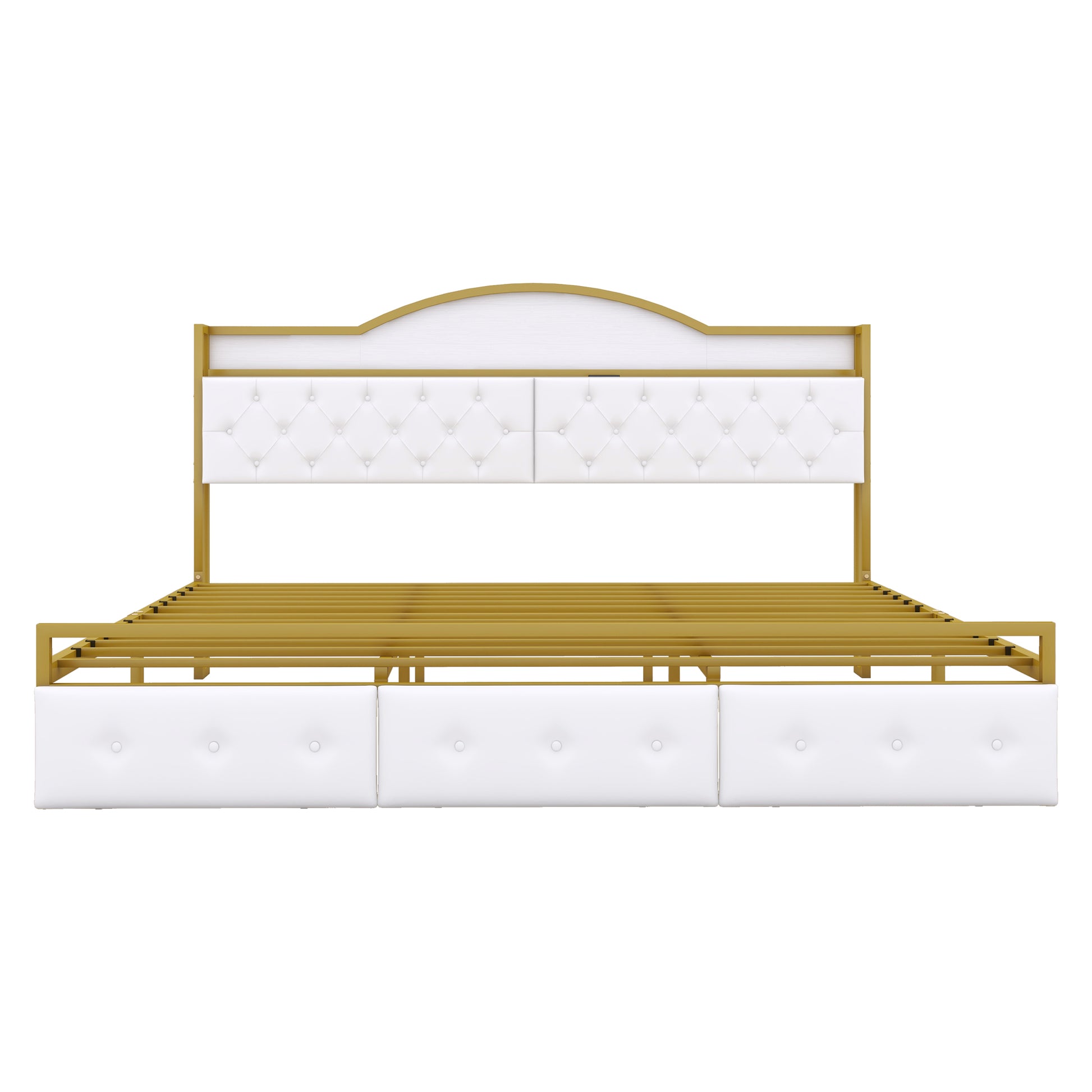 Metal Platform Bed With 3 Drawers, Storage Headboard, King, Gold King Gold White Fabric Metal