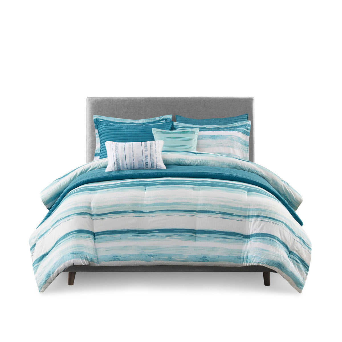 8 Piece Printed Seersucker Comforter And Quilt Set Collection Aqua King Cal King King Aqua Polyester