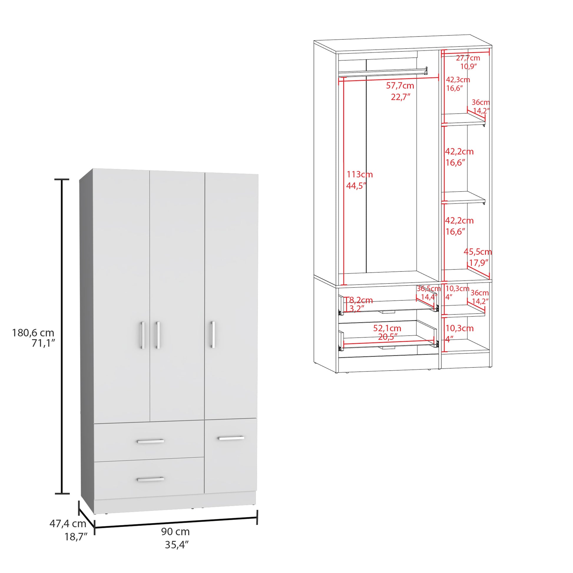 Sebree 71" High Armoire Wardrove Closet With 2 Drawers, Four Doorsthree Cabinetsix Shelves And Hanging Rod, Bedroom Clothes Storage Cabinet Organizer White White Particle Board