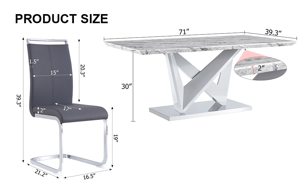 1 Table And 8 Chairs Set.Modern Grey Mdf Faux Marble Dining Table With Double V Shaped Supports.Paired With 8 Modern Pu Artificial Leather Soft Cushion With Silver Metal Legs.F Vv,C 1162 Gray Seats 8 Mdf Metal