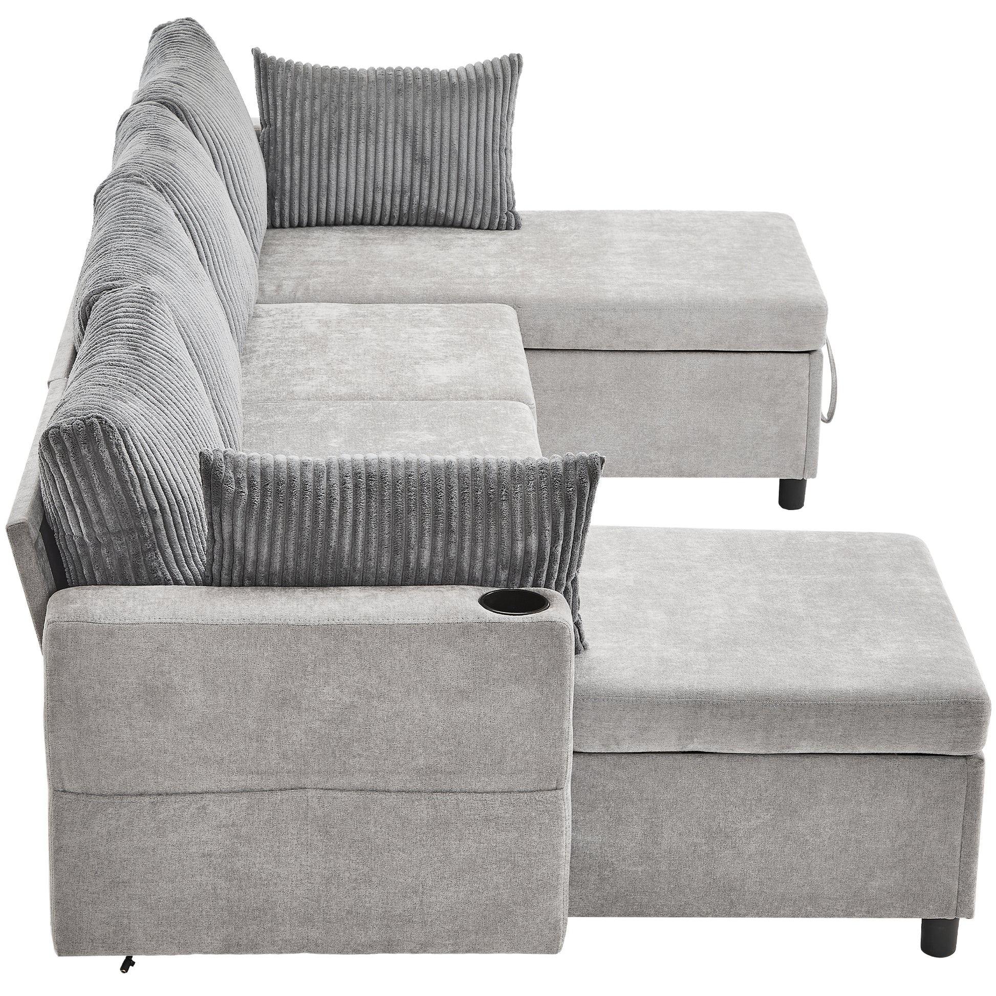 111.8" Sectional Sofa Pull Out Sofa Bed Versatile Sofa Sleeper With Large Storage Space, Two Usb Ports And Two Cup Holders For Living Room, Grey Grey Foam Chenille 4 Seat