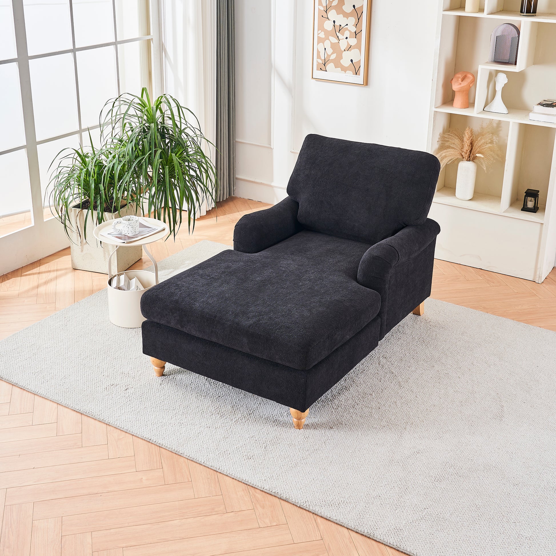 Modern Mid Century Indoor Oversized Chaise Lounger Comfort Sleeper Sofa With Soild Wood Legs Black Foam 1 Seat