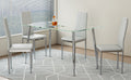 Table And Chair Set.Rectangular Dining Table With Tempered Glass Tabletop And Silver Plating Metal Legs.Paired With 4 Checkered Armless High Backlight Gray Chairs With Electroplated Metal Legs. Transparent Seats 4 Glass Metal