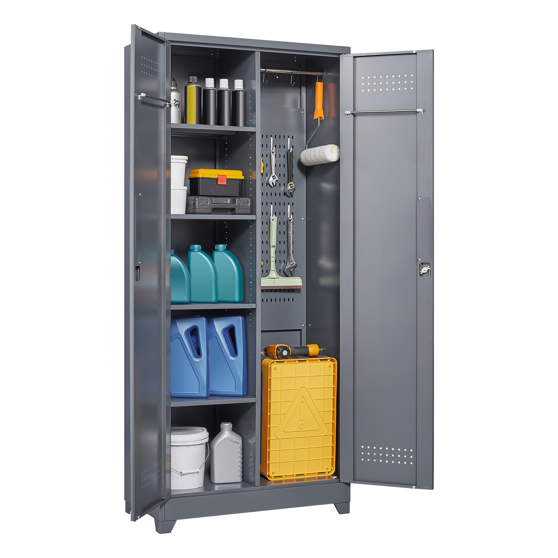 Metal Storage Cabinets, Cleaning Tool Cabinet With Locking Door, Tall Broom Tool Organizer And Storage, Large Storage Cabinet For Kitchen, Pantry, Office, Shop 3 4 Shelves Grey Door Locks Modern Metal