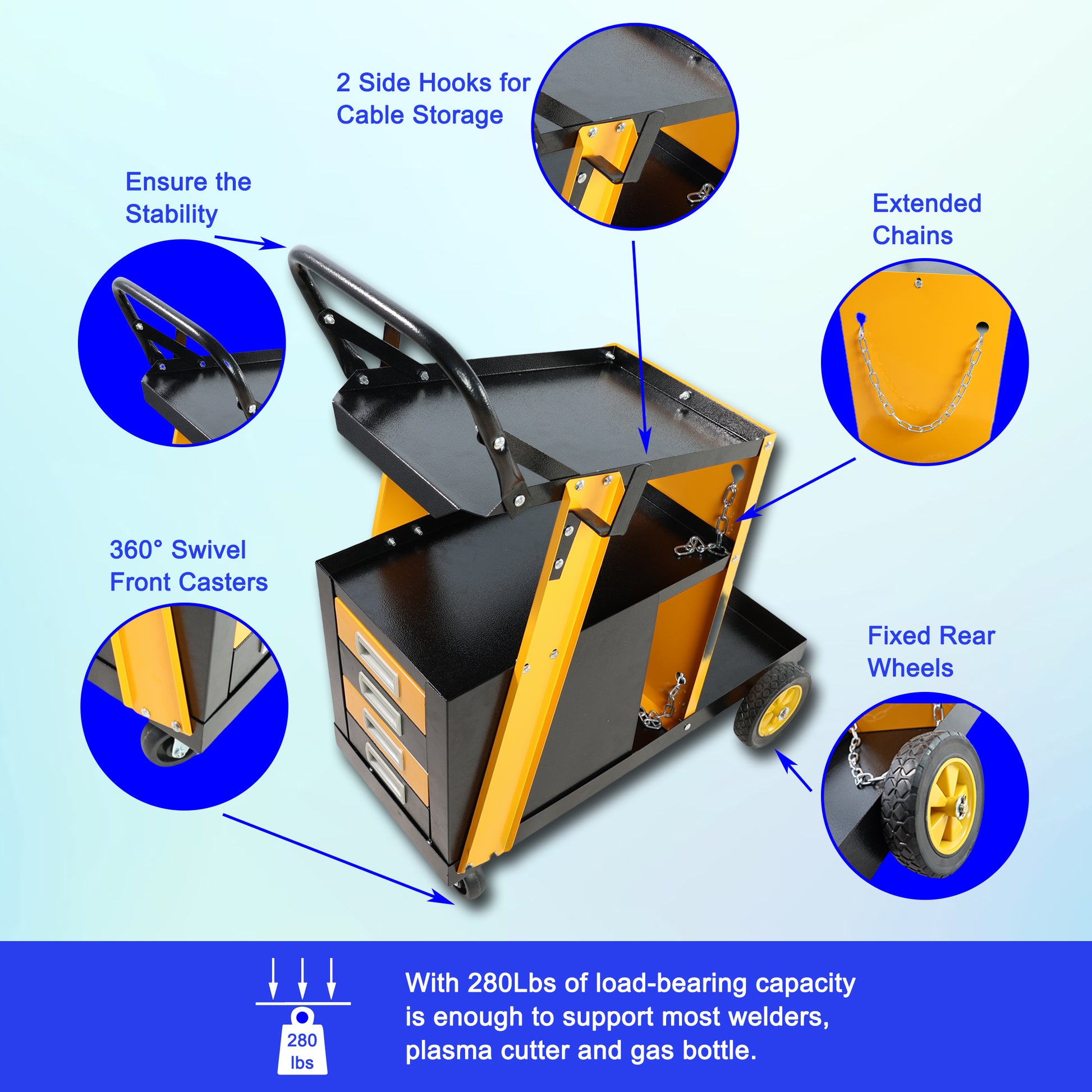 Multi Function Welder Trolley, Mig Tig Arc Plasma Cutter Storage Tank With 2 Safety Chains, Portable 4 Drawer Chest, Weight 280 Lbs Yellow Black Iron