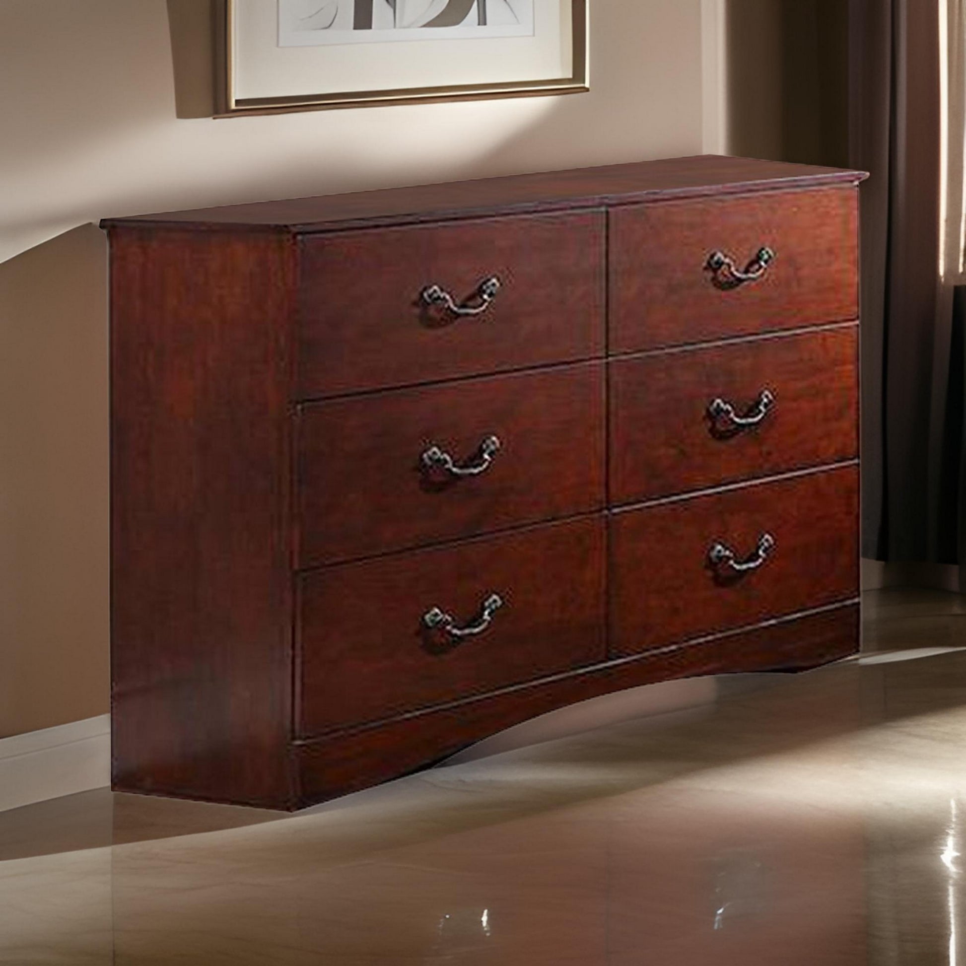 Bran 54 Inch 6 Drawer Dresser, Pine Wood, Grain Details, Cherry Brown Brown Wood