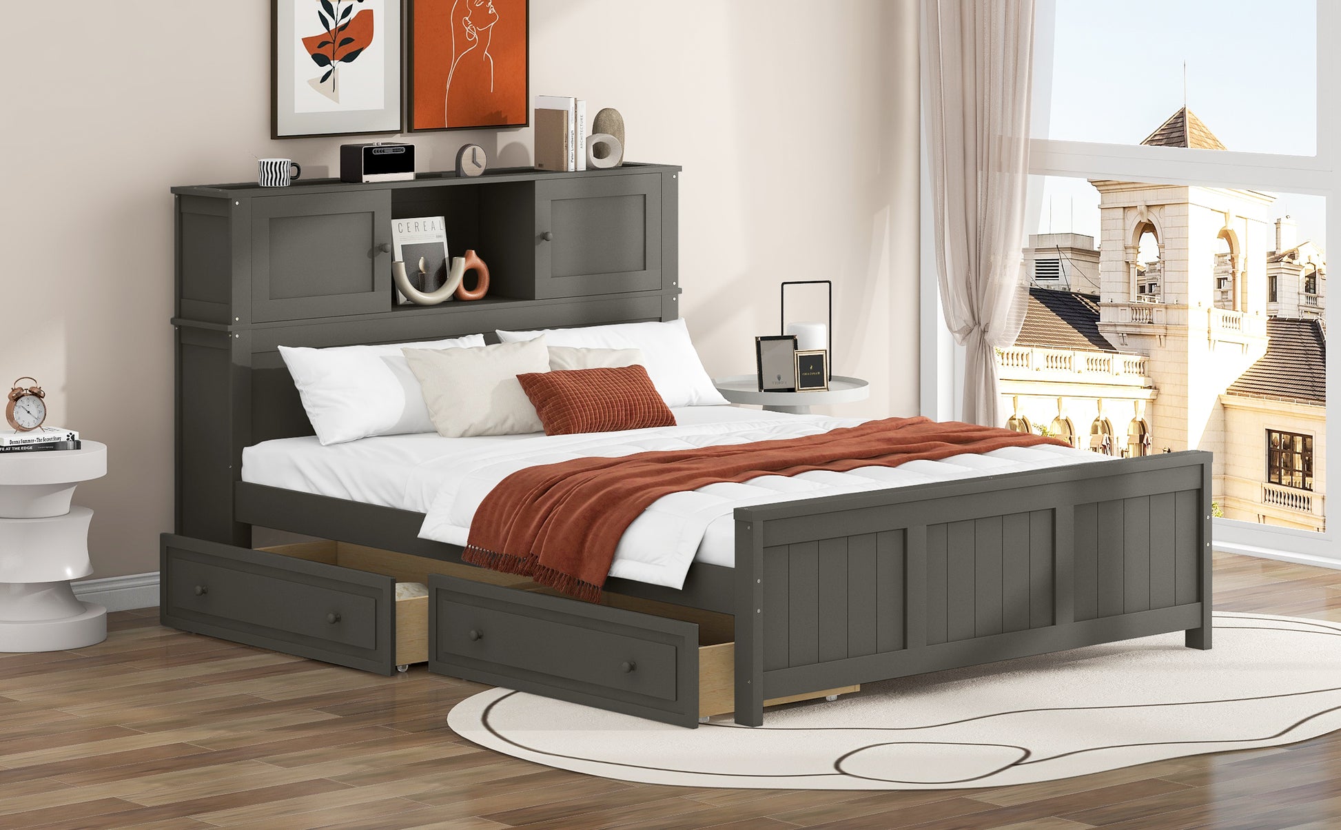 Full Size Platform Bed With Storage Headboard And Sliding Door,2 Drawers, Gray Full Gray Solid Wood Mdf