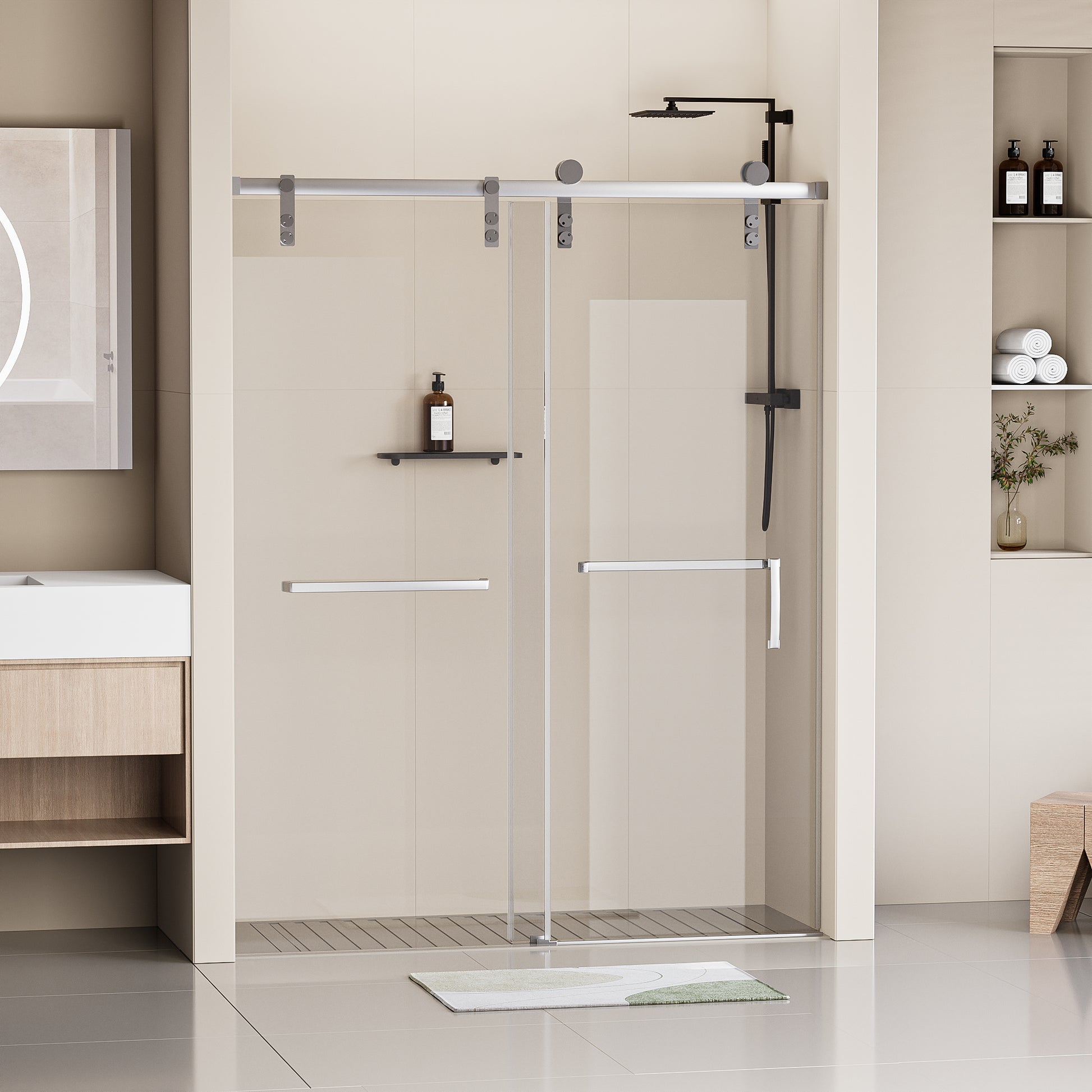 60" W X 76" H Frameless Soft Closing Shower Door, Single Sliding Shower Door, 5 16" 8Mm Clear Tempered Glass Shower Door Explosion Proof Film, Stainless Steel Hardware, Chrome 24D211 60C Combo Chrome Bathroom Tempered Glass