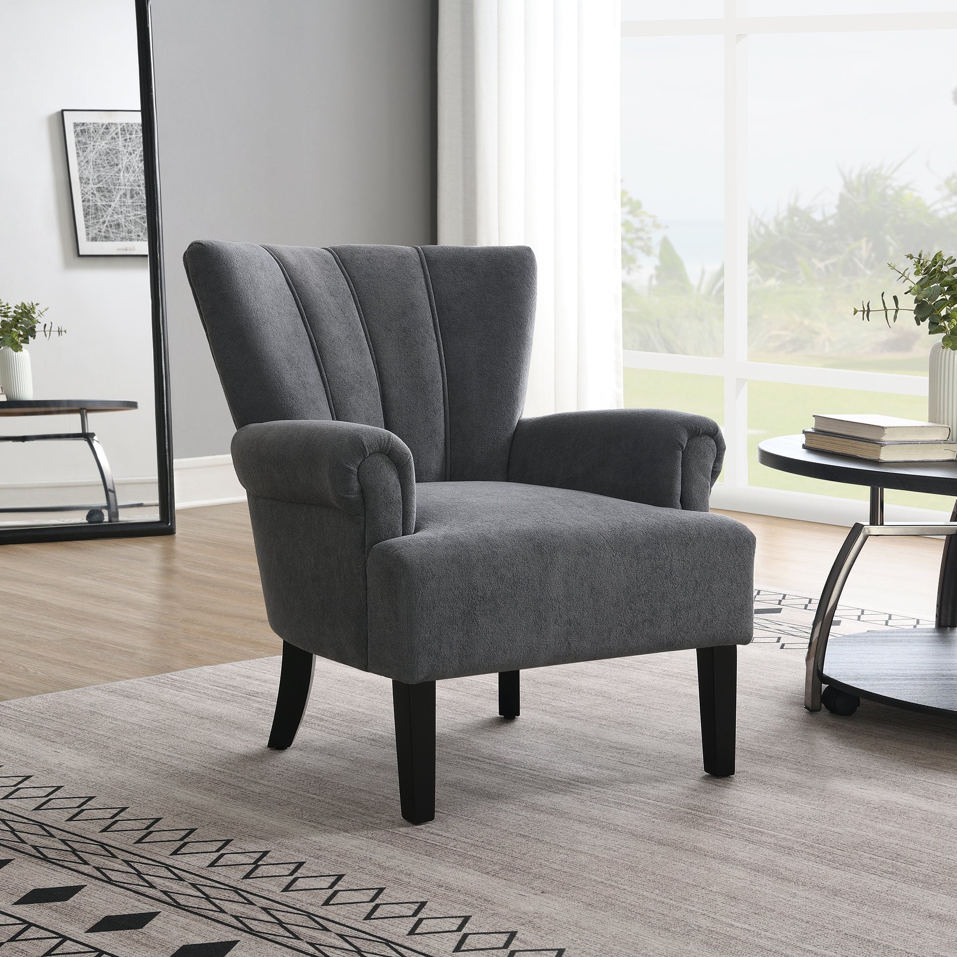 Modern Accent Living Room Chairs,Polyester Armchair Club Chair With Channel Back, Accent Chair For Living Room, Bedroom Reading Room, Soft Fabric, Wooden Leg, Dark Grey Dark Grey Primary Living Space Modern Foam Plywood