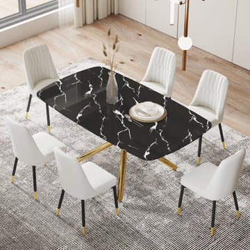 Large Modern Minimalist Rectangular Dining Table With 0.39 "Imitation Marble Black Tabletop And Golden Metal Legs, Paired With Chairs With Pu Cushions And Black Metal Legs. F 1537 C 007 Black Gold Glass Metal