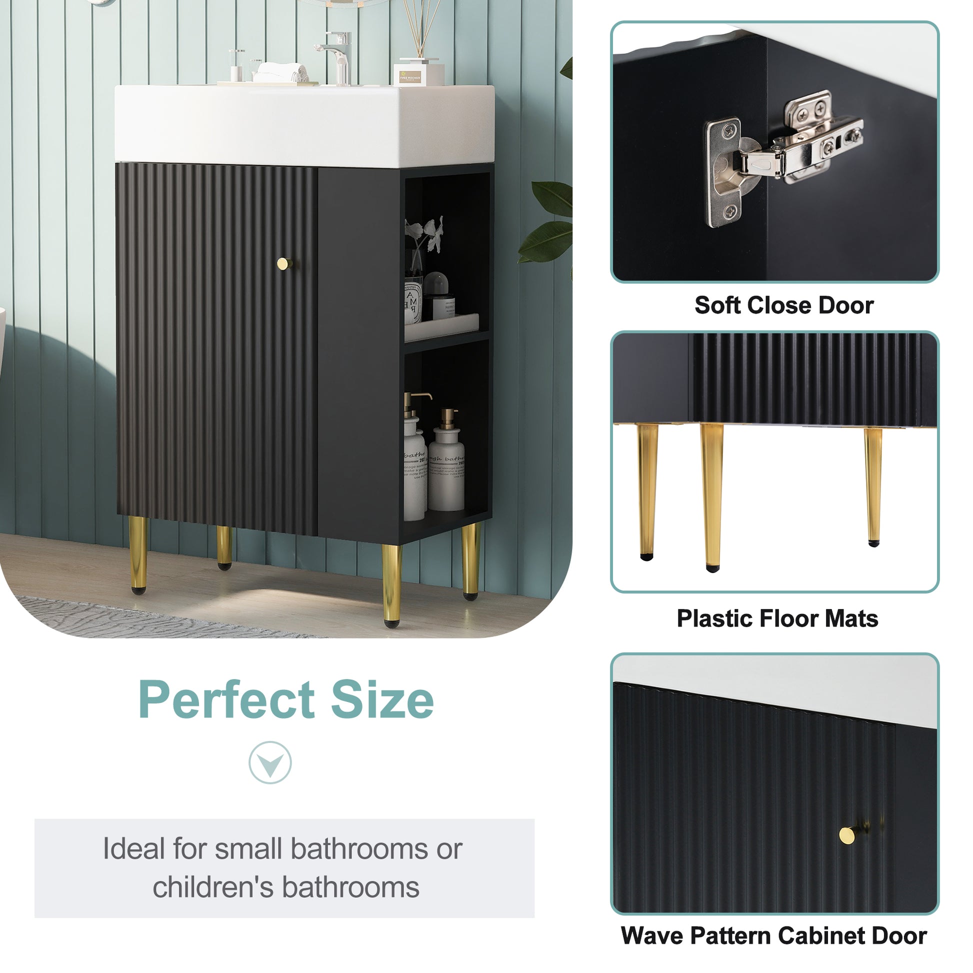 21.6" Black Bathroom Vanity, Combo Cabinet, Bathroom Storage Cabinet, Single Ceramic Sink, Right Side Storage Black Bathroom Ceramic Mdf