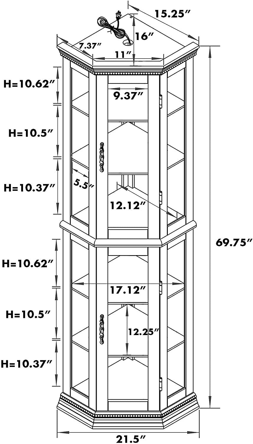 Corner Curio Cabinet With Lights, Adjustable Tempered Glass Shelves, Mirrored Back, Display Cabinet,Cherry E26 Light Bulb Not Included Cherry Mdf