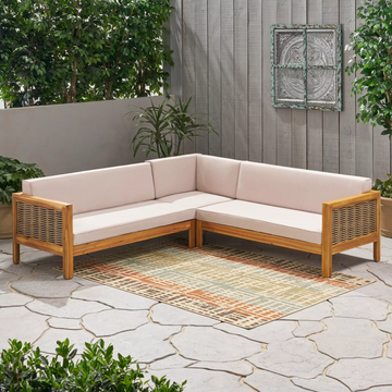 Linwood 3 Piece Wood And Pe Rattan Coversation Sectional Seating Set, Beige Beige Acacia Wood