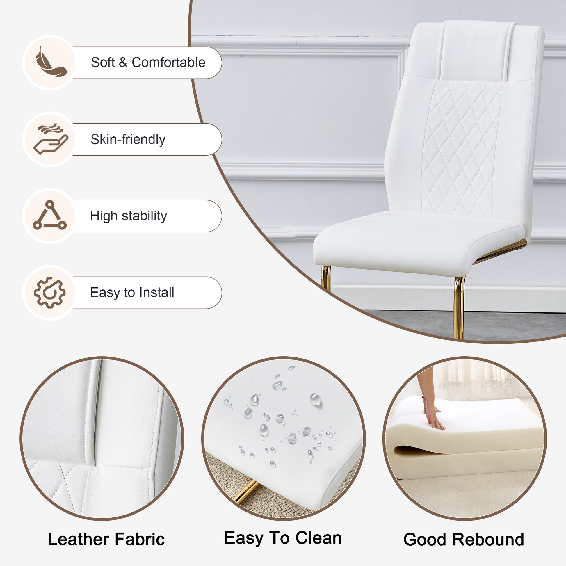 Table And Chair Set.The Table Has A Glass Tabletop With Imitation Marble Pattern Stickers And Stainless Steel Golden Table Legs. Paried With Comfortable Chairs With Pu Seats And Metal Legs. White Gold Seats 6 Glass Metal