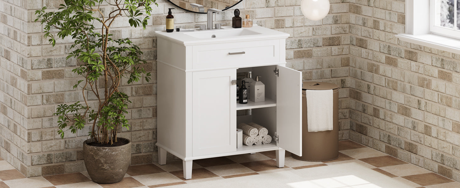 30 Inch Bathroom Vanity With Ceramic Basin, Soft Close Door And Adjustable Shelves White Bathroom Solid Wood Mdf