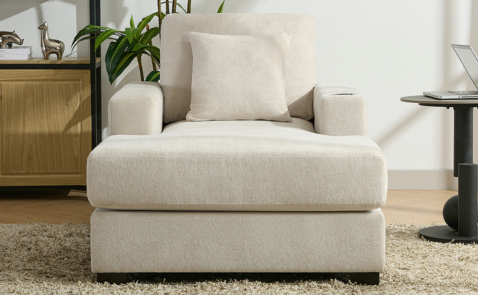 39.7" Oversized Chaise Lounger Modern Style Sofa Couch ,With Pillows, Charge Station & Cup Holders, Chenille Fabric, Cream Cream Chenille