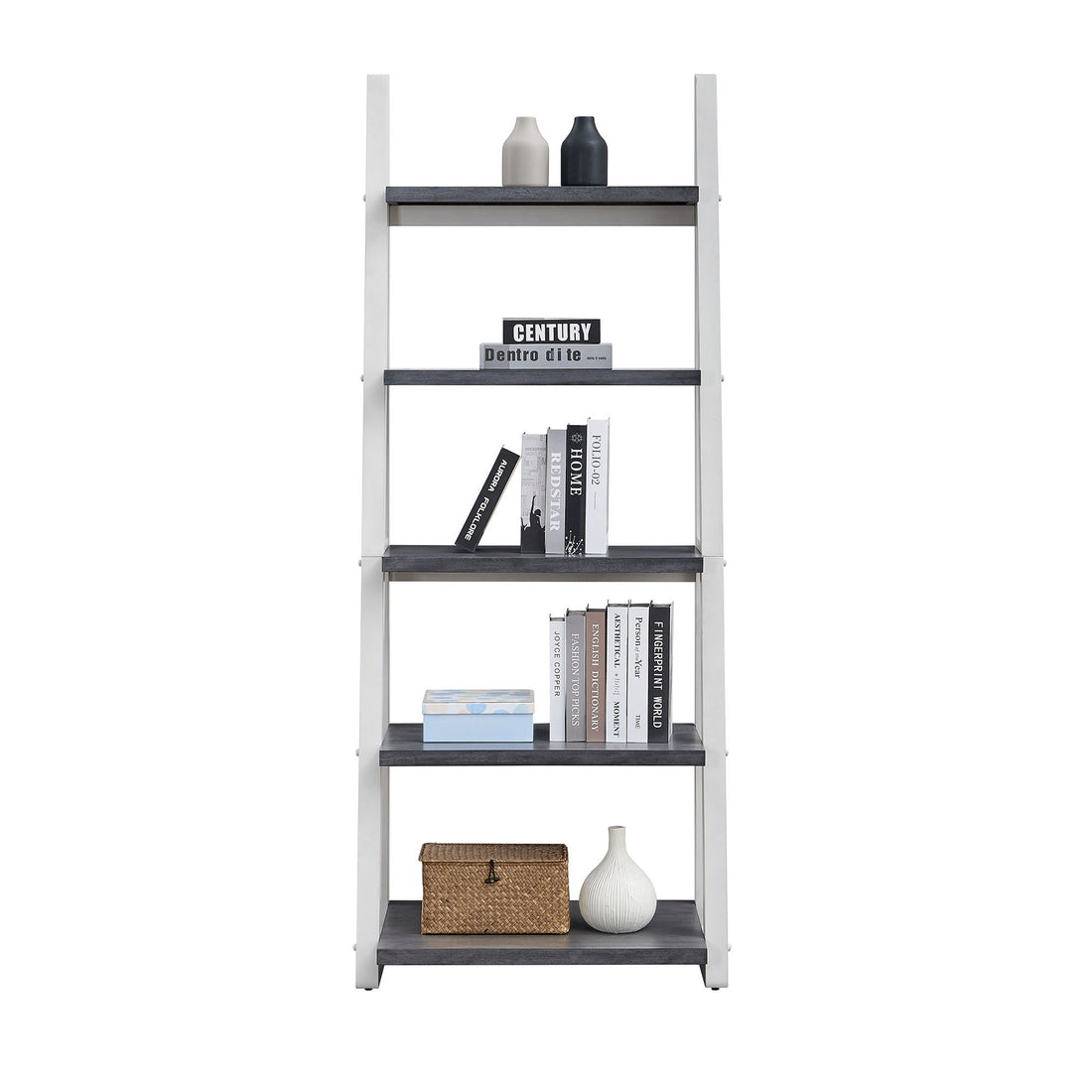 5 Tier Shelves,Bookshelf, Storage Rack, Bookcase With Rubber Wood Frame, Ladder Shelf For Living Room, Home Office, Kitchen, Bedroom, Apartment Grey White Solid Wood Mdf