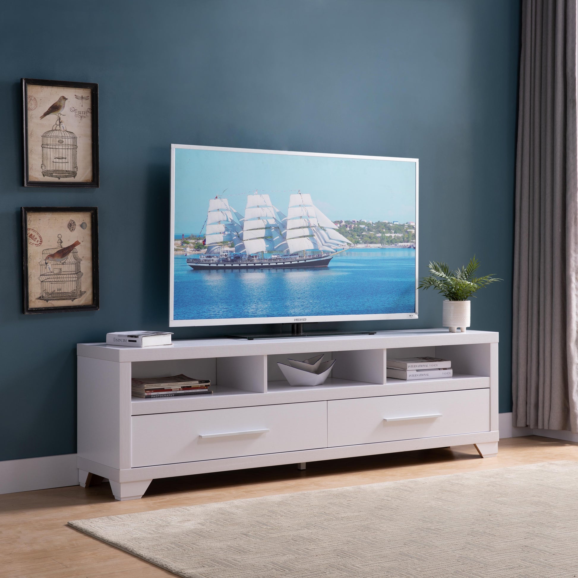 Modern White Tv Stand With Three Open Shelves And Two Drawers With Stylish Media Storage White 70 79 Inches Mdf