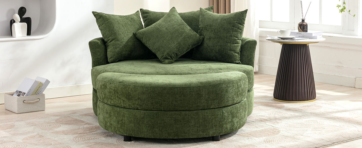 Orisfur. 360 Swivel Accent Barrel Chair With Storage Ottoman & 4 Pillows, Modern Chenille Leisure Chair Round Accent For Living Room, Green Green Foam Chenille