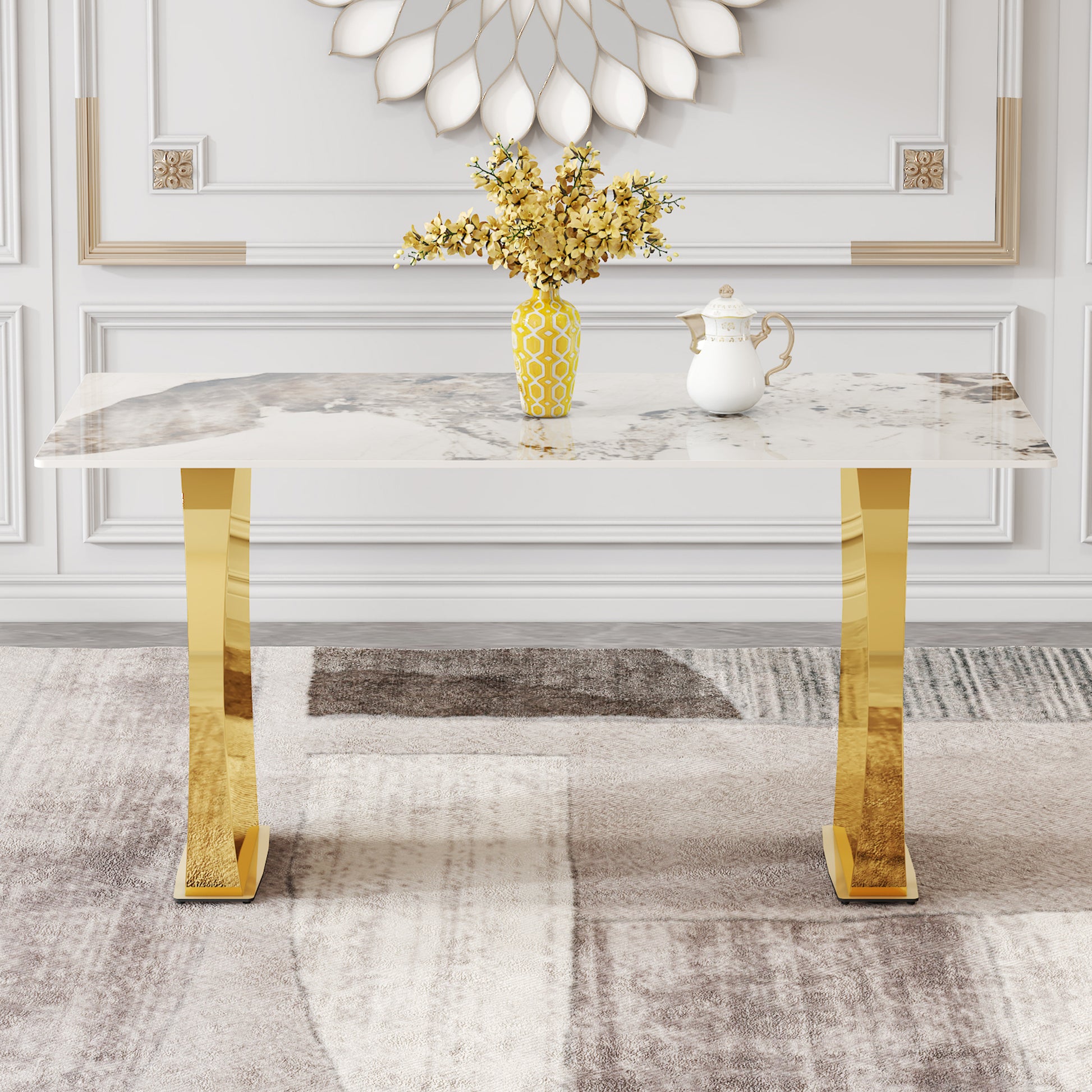 Modern Rectangular Table With Marble Patterned Rock Slab Tabletop, Paired With Stainless Steel Gold Plated Table Legs, Suitable For Kitchen, Dining Room, And Living Room 63 Inches * 31.4 Inches. Gold Sintered Stone