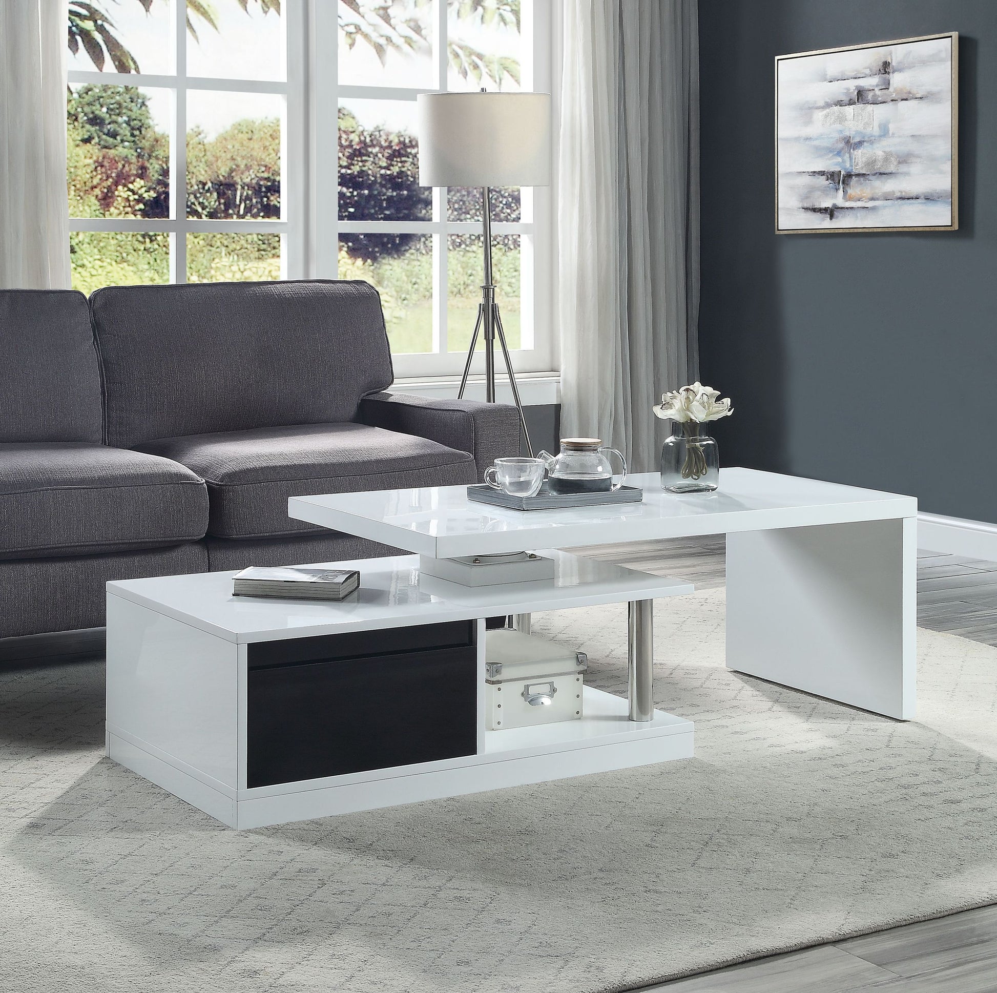 White And Black High Gloss Coffee Table With Swivel Top White Black Primary Living Space Contemporary Drawers Rectangular Wood Metal