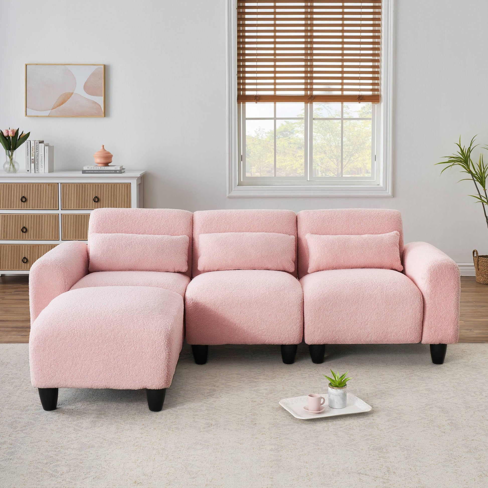 The 84.6 Inch Pink Teddy Fleece Creative Sofa Can Be Assembled Into A Two Seater Sofa Plus A Single Couch With Three Waist Pillows To Perfectly Stretch Your Waist For Small Apartment Bedroom Spaces Pink Polyester Blend 4 Seat