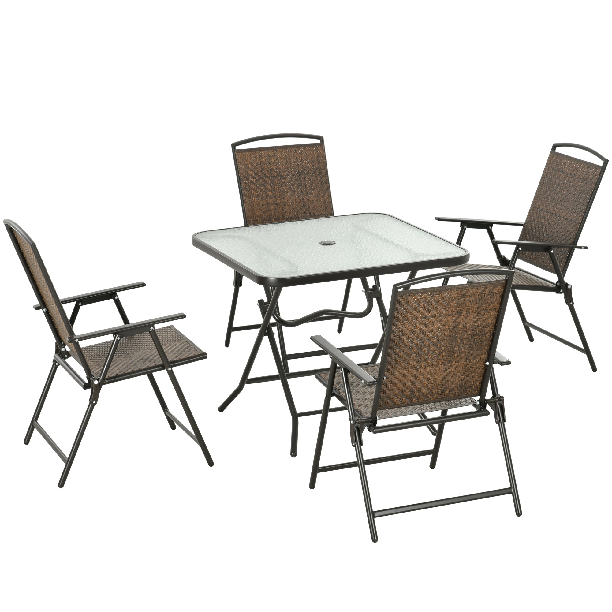 Outsunny 5 Pieces Wicker Patio Dining Set, Foldable Outdoor Table And Chairs, Wicker Furniture Dining Set With Umbrella Hole, Tempered Glass Table, Dark Brown Brown Rattan