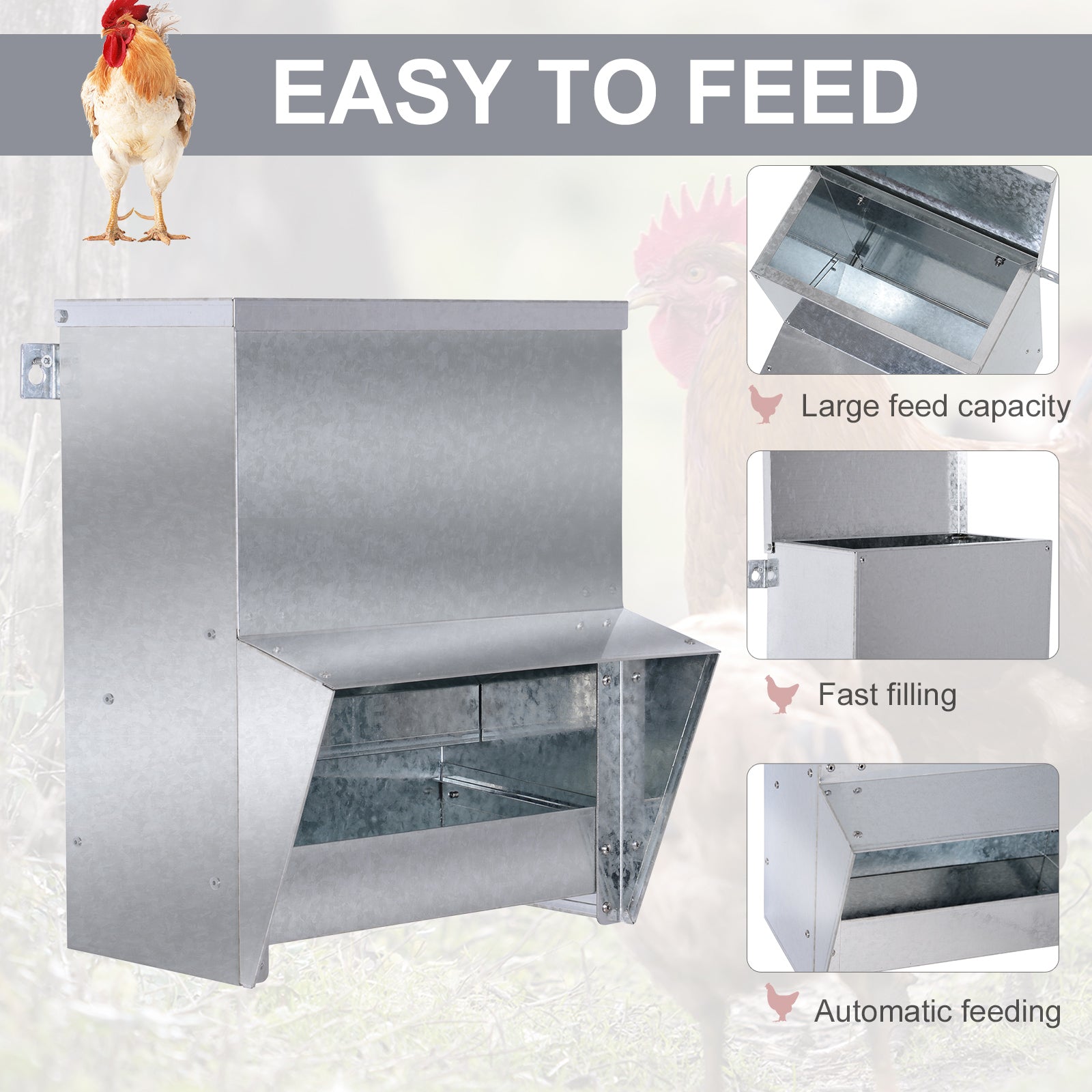 Pawhut Automatic Chicken Feeder, No Waste Poultry Feeder With Protective Lid For Up To 4 Chickens, Holds 13 L Of Feed Silver Steel