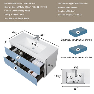 42" Floating Bathroom Vanity With Sink, Modern Wall Mounted Bathroom Storage Vanity Cabinet With Resin Top Basin And Soft Close Drawers, Glossy White 24V11 42Gw 2 White Bathroom Wall Mounted Mdf